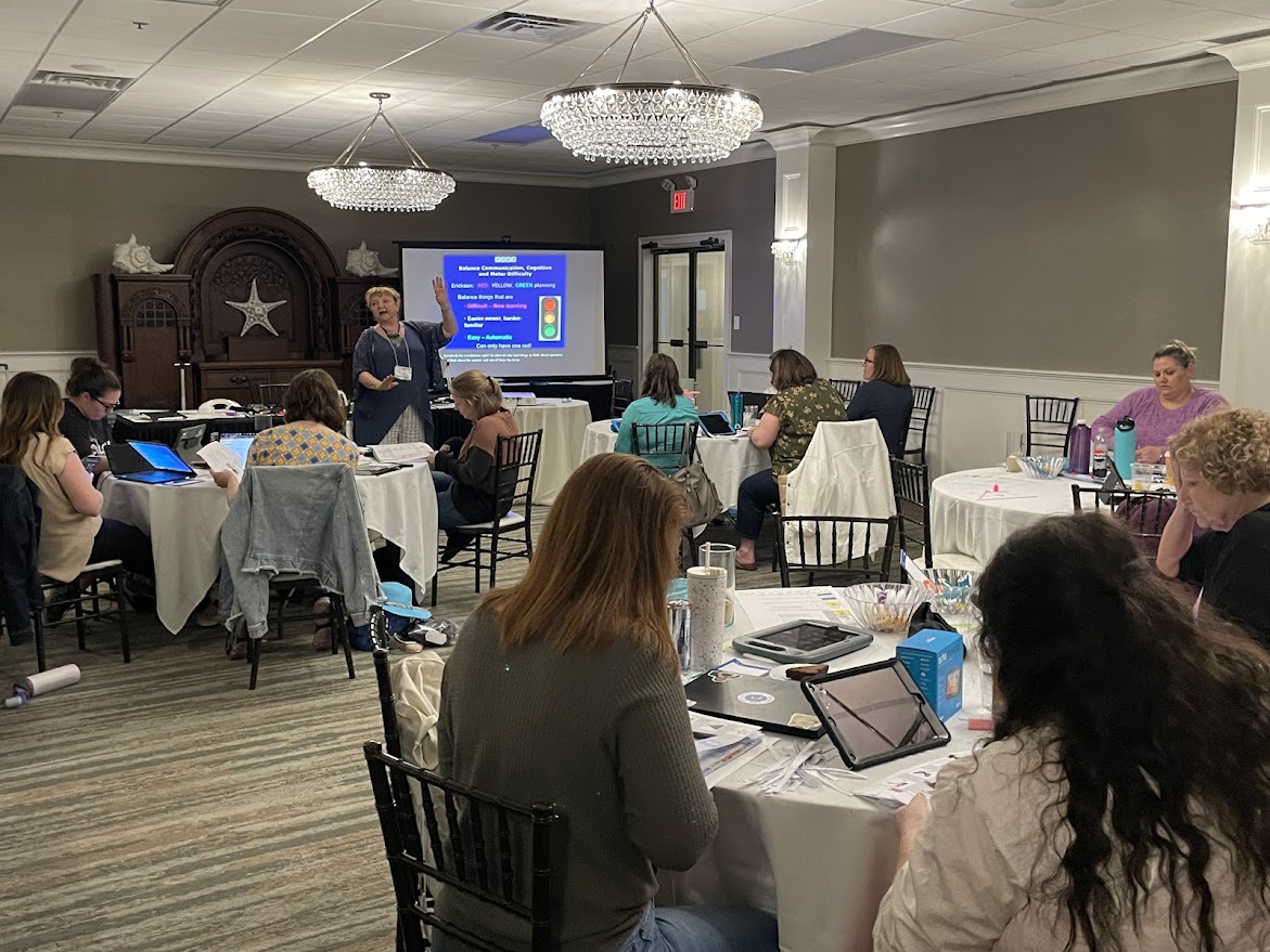 Kelly leading a conversation about PODD with a packed house of educators