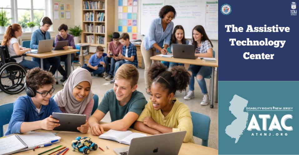 Picture of an inclusive classroom where every learner is experiencing education that works for them. Along the bottom are the words "2026 AT Summit for Education" Along the right edge are the logos for the ATAC center at DRNJ, TCNJ The College of NJ and the NJ Department of Education